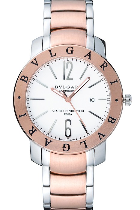 Bvlgari Bvlgari 42mm White Dial Stainless Steel Case Rose Gold Bezel Two Tone Bracelet