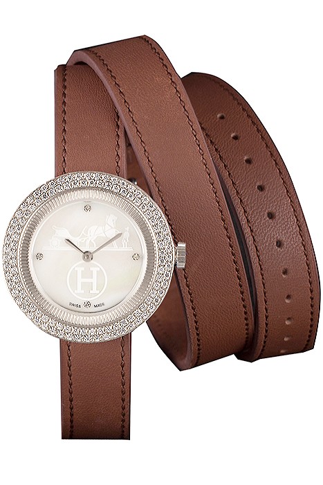 Hermes Classic MOP Dial Brown Elongated Leather Bracelet 801393