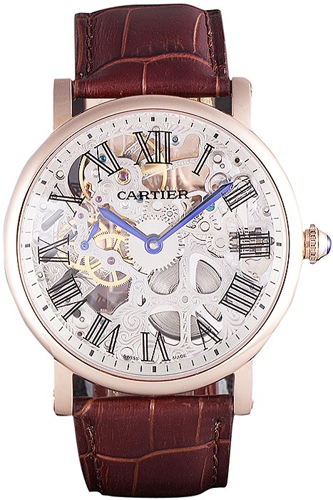 Cartier Luxury Skeleton Watch with Rose Gold Bezel and Brown Leather Band  621557