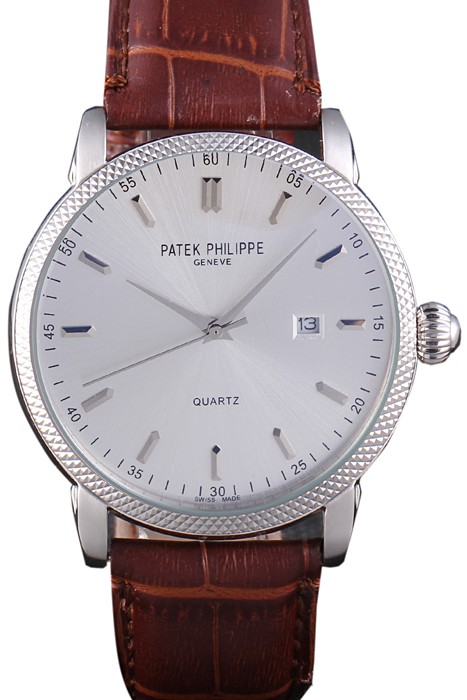 Patek Philipe Calatrava Stainless Steel Ribbed Bezel Brown Leather Bracelet 801429