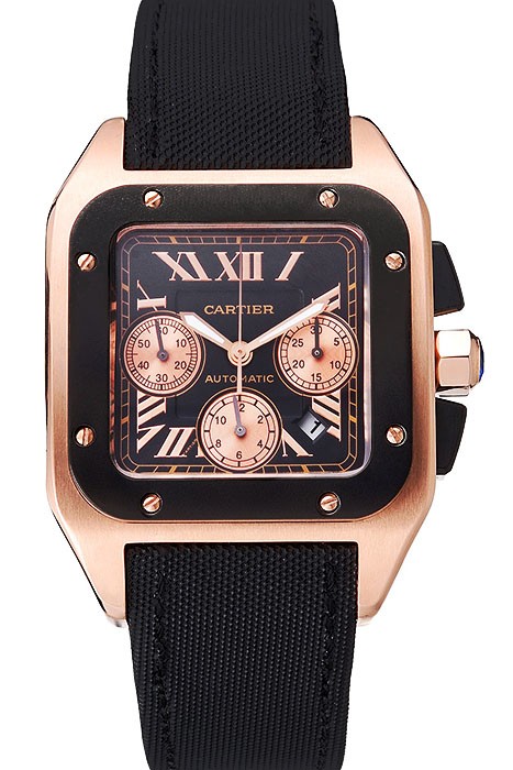 Swiss Cartier Santos Rose Gold Bezel with Black Dial and Black Fabric Strap sct39  621523