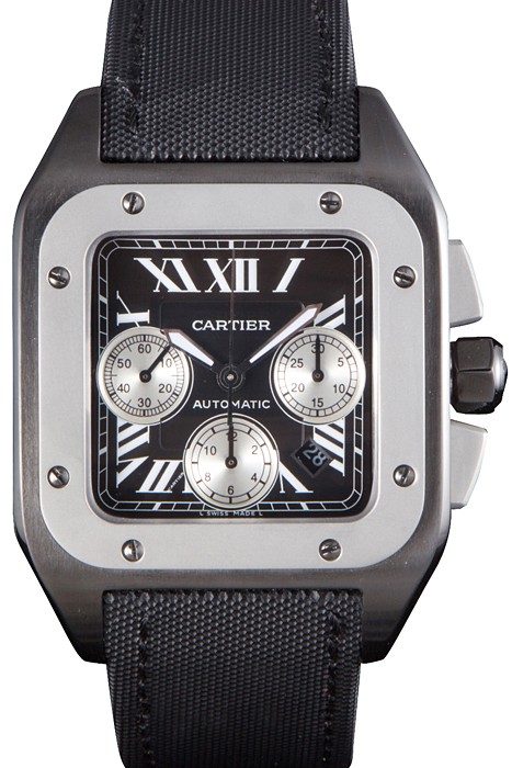 Swiss Cartier Santos Two Tone Bezel with Black Dial and Black Fabric Strap  621525
