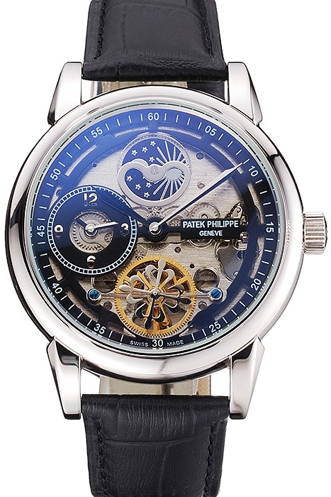 Patek Philippe Dual Time Moonphase Tourbillon Black Skeletonised Dial Stainless Steel Case Black Leather Strap