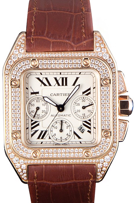 Swiss Cartier Santos Rose Gold Bezel with Diamonds and Brown Leather Strap sct43  621527