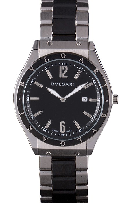 Bvlgari Diagono 40mm Black Dial Steel Case Black Bezel Two Tone Bracelet