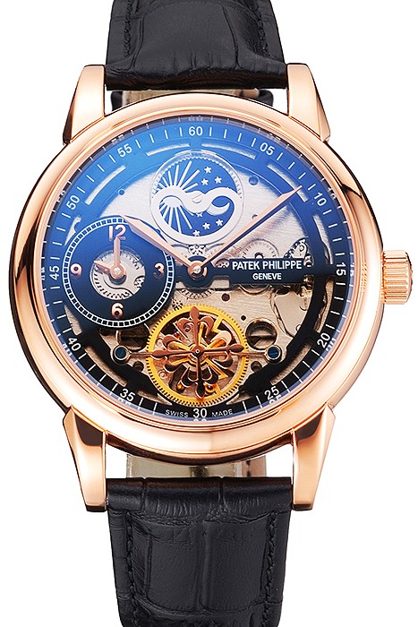 Patek Philippe Dual Time Moonphase Tourbillon Black Skeletonised Rose Gold Case Black Leather Strap