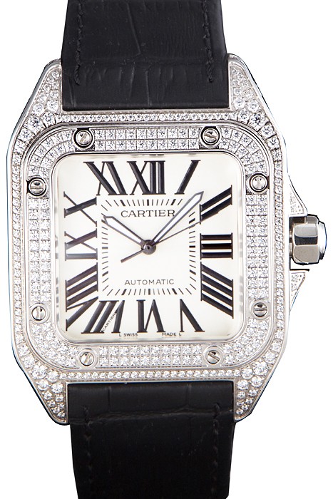 Swiss Cartier Santos Silver Bezel with Diamonds and Black Leather Strap sct47  621531