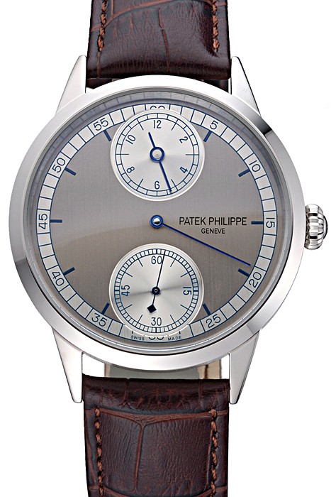 Patek Philippe Geneve Two Dial Gray Dial Stainless Steel Bezel Brown Leather Band  622147
