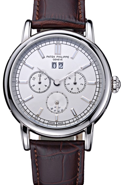 Patek Philippe Geneve Grand Complications White Dial Stainless Steel Bezel Brown Leather Band  622151