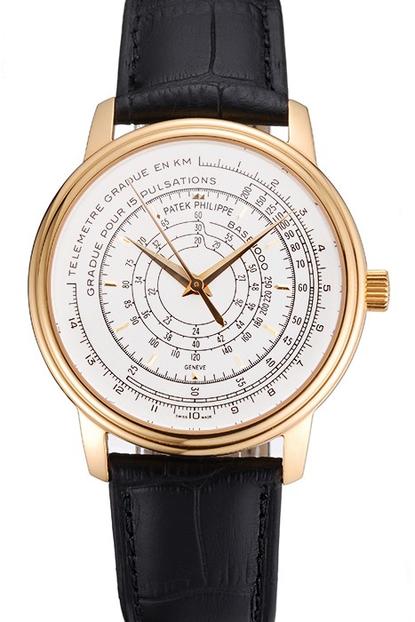 Swiss Patek Philippe Multi-Scale Chronograph White Dial Gold Case Black Leather Strap