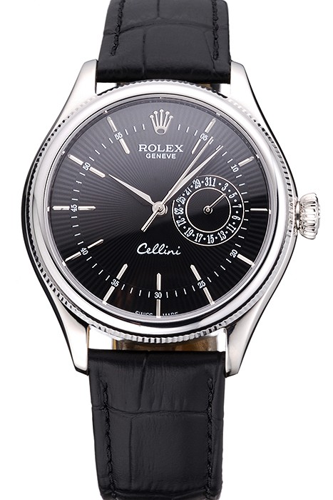 Rolex Cellini Black Dial Stainless Steel Case Black Leather Bracelet  622724