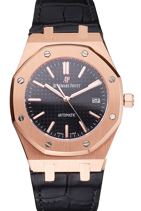 Swiss Audemars Piguet Royal Oak Black Dial Gold Case Black Leather Strap