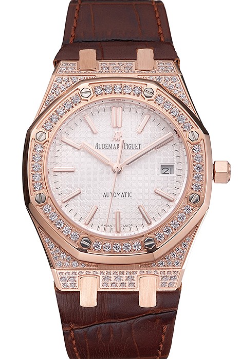 Swiss Audemars Piguet Royal Oak White Dial Gold Case With Diamonds Brown Leather Strap