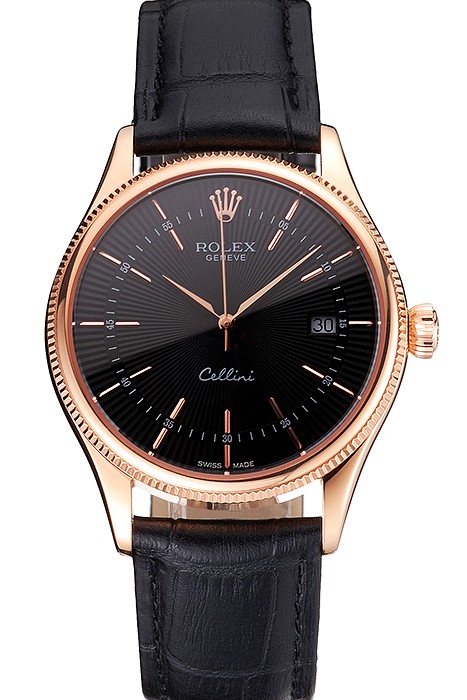 Swiss Rolex Cellini Date Black Dial Rose Gold Markings Rose Gold Case Black Leather Strap