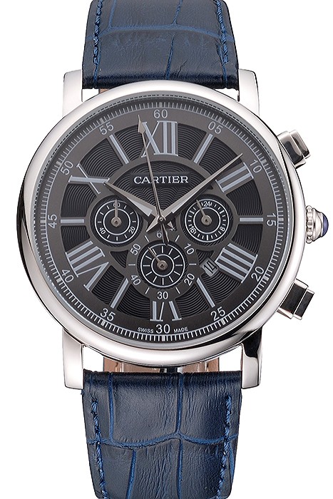 Cartier Rotonde Chronograph Black Dial Stainless Steel Case Blue Leather Strap