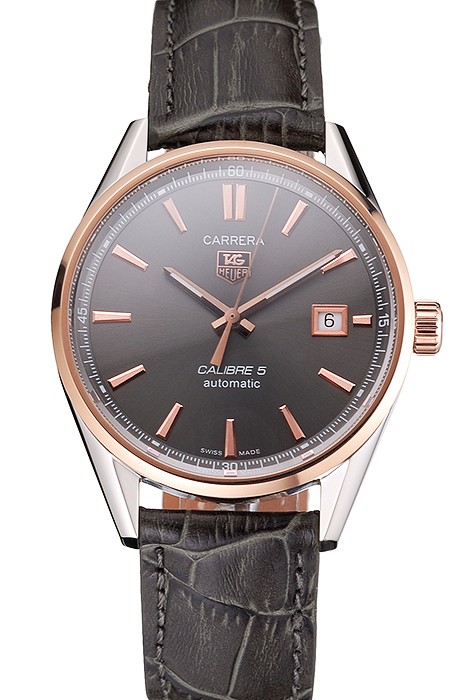Swiss Tag Heuer Carrera Calibre 5 Gray Dial Rose Gold Case Black Leather Strap
