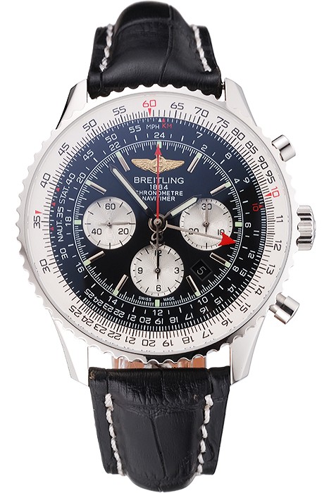 Swiss Breitling Navitimer Black Dial Stainless Stell Case Black Leather Strap