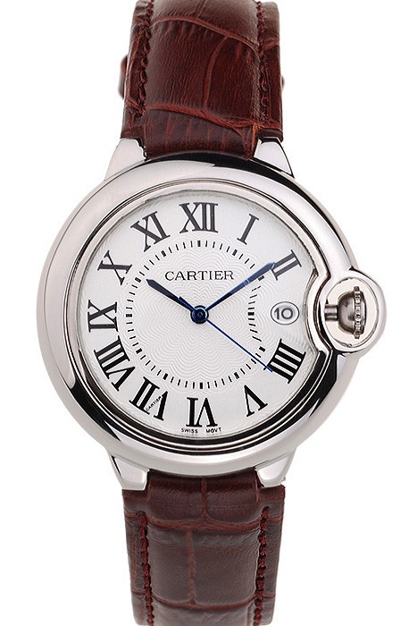 Cartier Ballon Bleu 42mm White Dial Stainless Steel Case Brown Leather Bracelet