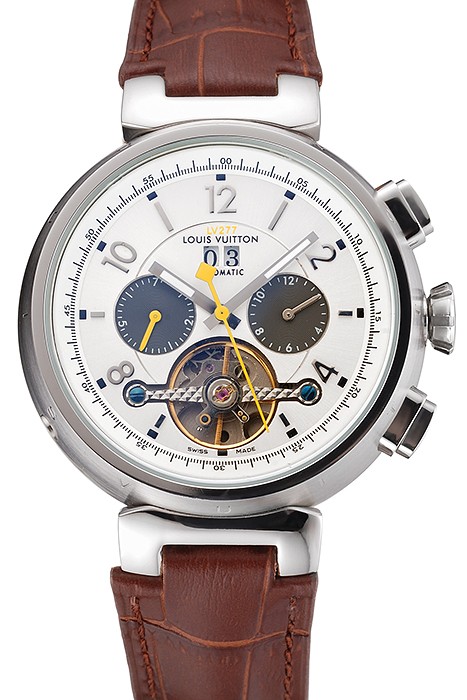 Louis Vuitton Tambour LV277 Tourbillon White Dial Stainless Steel Case Brown Leather Strap