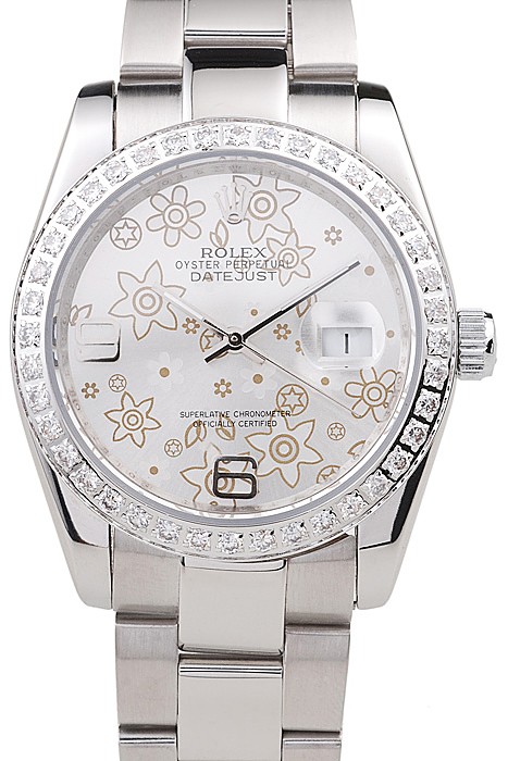Rolex Datejust Polished Stainless Steel Silver Flowers Dial Diamond Plated 98081