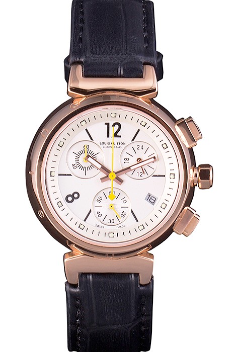 Louis Vuitton Tambour Black Leather Bracelet White Dial 801418