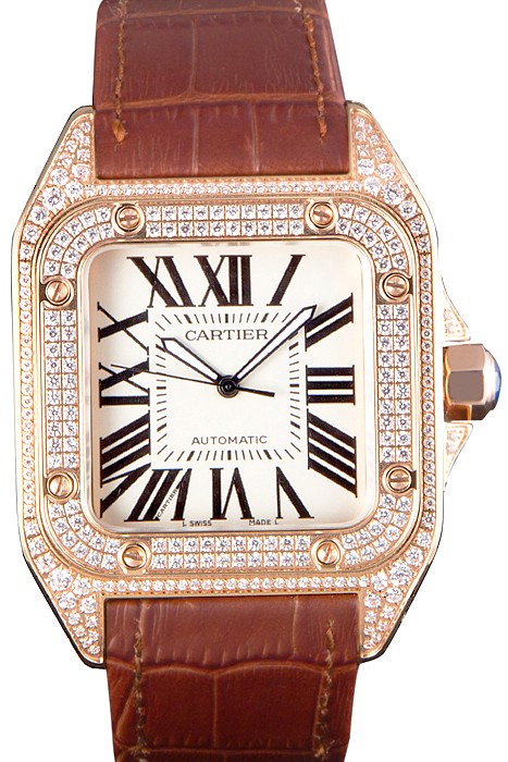 Swiss Cartier Santos Rose Gold Bezel with Diamonds and Brown Leather Strap sct46  621530