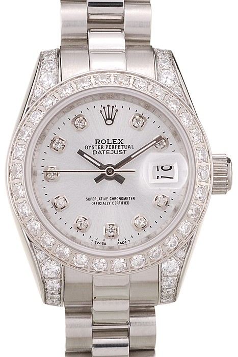 Rolex DateJust Brushed Stainless Steel Diamond Plated Case White Dial Diamond Plated Bezel