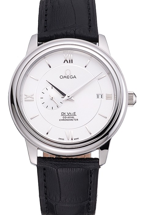 Omega De Ville Prstige Co-Axial White Dial Silver Case Black Leather Strap Roman Numeral