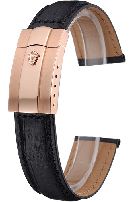 Rolex Black Leather with Rose Gold Clasp Bracelet  622498