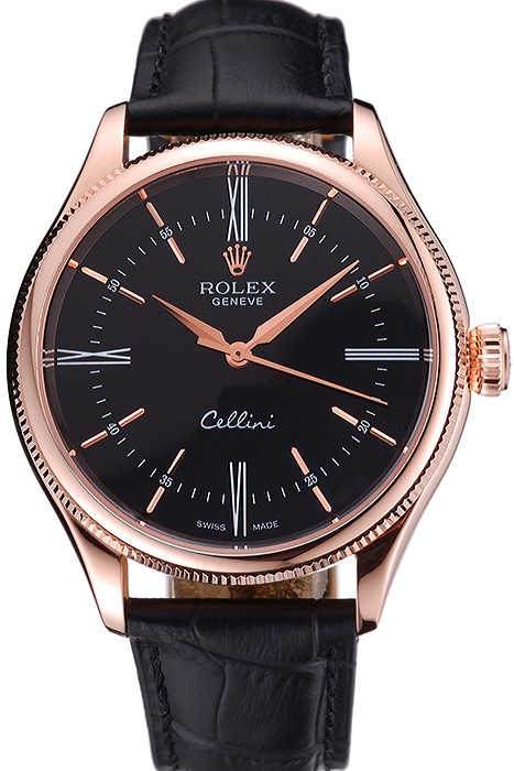 Rolex Cellini Black Dial Pink Gold Case Black Leather Strap  622842
