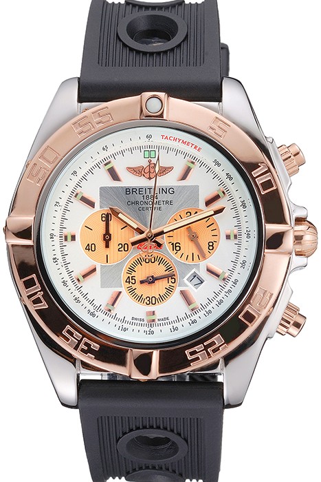Breitling Chronomat White Dial Rose Gold Bezel And Subdials Stainless Steel Case Black Rubber Strap