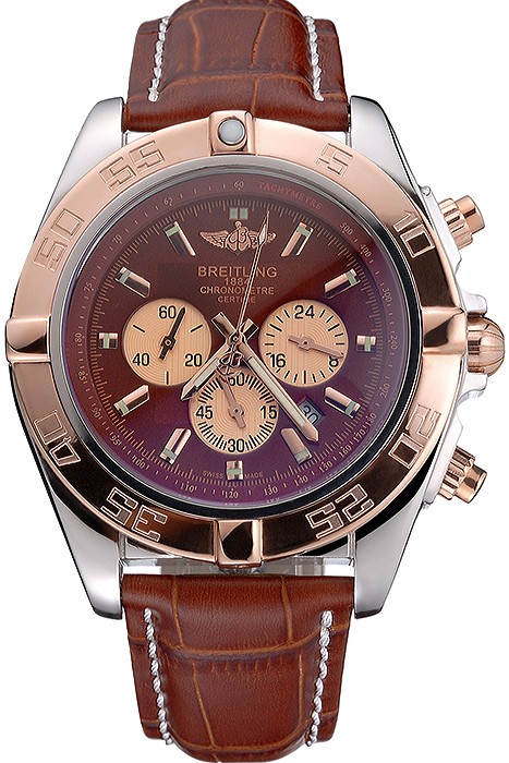 Breitling Chronomat Brown Dial Rose Gold Bezel And Subdials Stainless Steel Case Brown Leather Strap