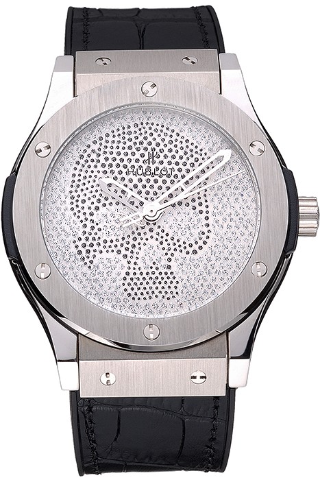 Hublot Classic Fusion Diamond Skull Dial Stainless Steel Case Black Leather Strap  622814