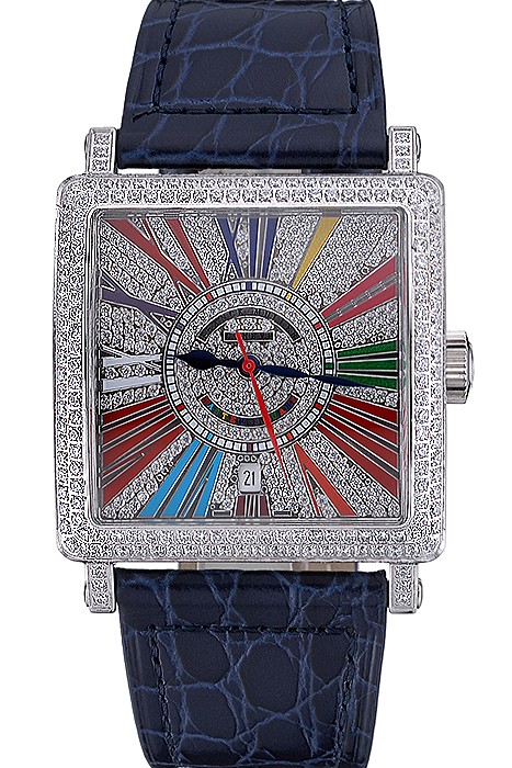 Franck Muller Master Square Color Dreams Diamonds Dial Diamonds Case Blue Leather Strap  622359