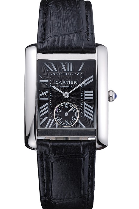 Cartier Tank MC Stainless Steel Case Black Dial Black Leather Strap  622174
