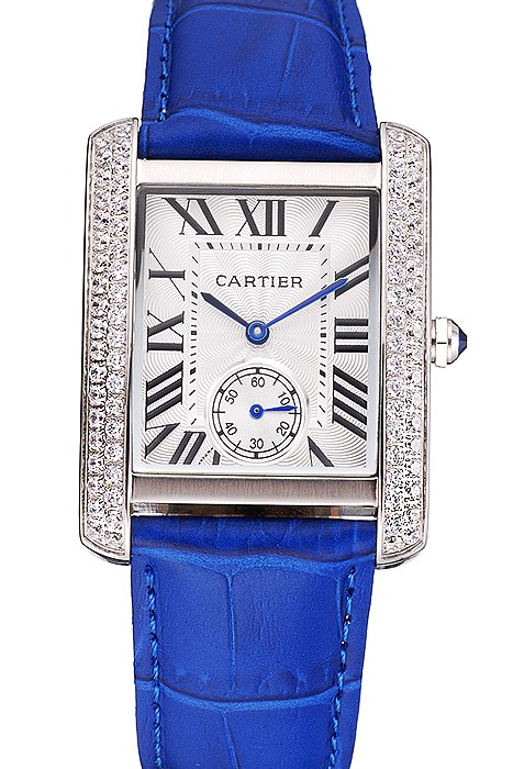 Cartier Tank MC Stainless Steel Diamond Case White Dial Blue Leather Strap  622172