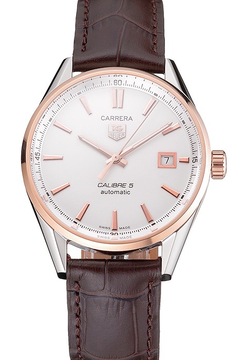 Swiss Tag Heuer Carrera Calibre 5 White Dial Rose Gold Case Brown Leather Strap