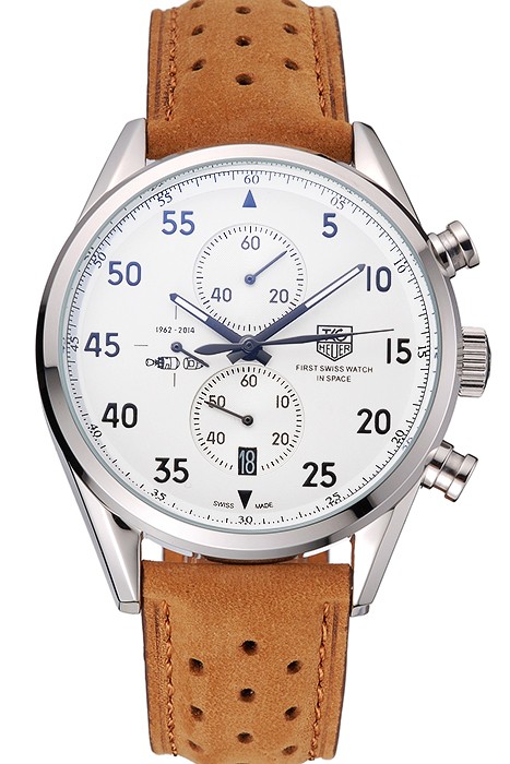 Tag Heuer Carrera SpaceX-7  White Dial Silver Stainless Steel Case Brown Suede Strap