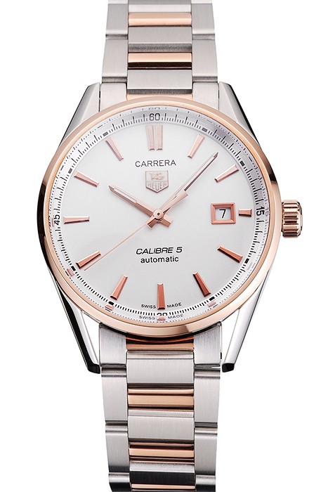 Swiss Tag Heuer Carrera Calibre 5 White Dial Rose Gold Case Two Tone Bracelet
