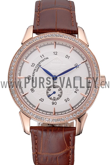 Vacheron Constantin Traditionnelle White Ship Dial Rose Gold Case With Diamonds Brown Leather Strap