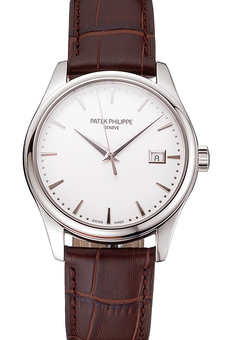 Swiss Patek Philippe Calatrava White Dial Stainless Steel Case Brown Leather Strap