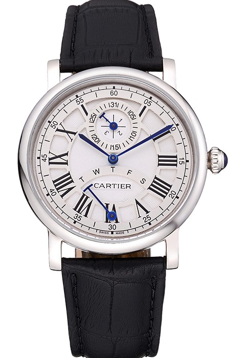 Cartier Rotonde White Dial Stainless Steel Case Black Leather Strap  622757