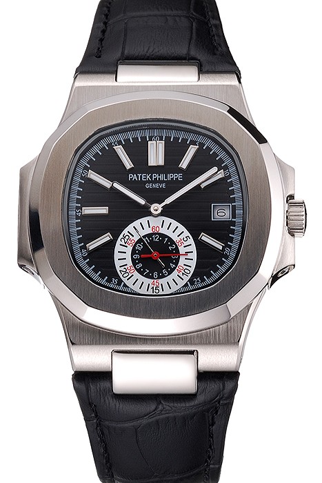 Patek Philippe Nautilus Black Dial Stainless Steel Case Black Leather Strap