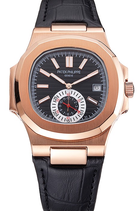 Patek Philippe Nautilus Black Dial Rose Gold Case Black Leather Strap