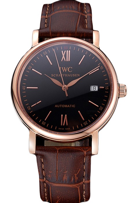 Swiss IWC Portofino Gold Case Black Dial Brown Leather Bracelet  622669