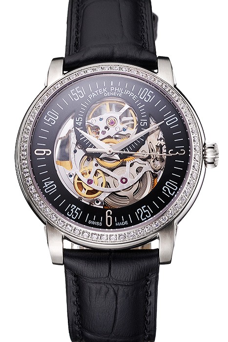 Swiss Patek Philippe Complications Openworked Dial Stainless Steel Case Diamond Bezel Black Leather Strap