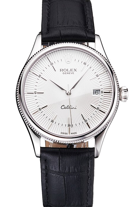 Swiss Rolex Cellini Date White Dial Stainless Steel Case Black Leather Strap