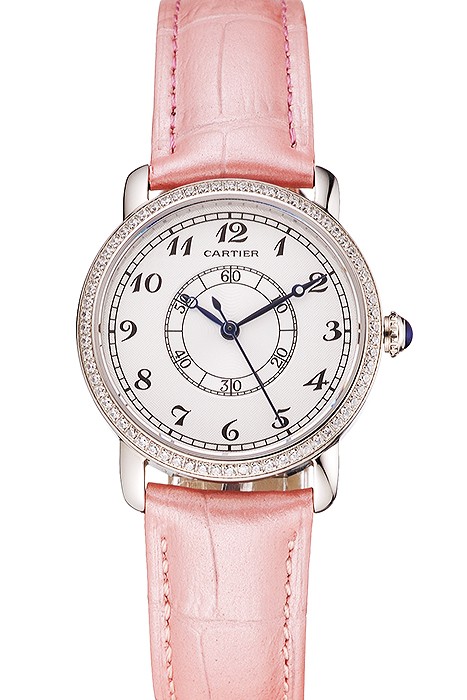 Cartier Ronde White Dial Diamond Bezel Stainless Steel Case Pink Leather Strap