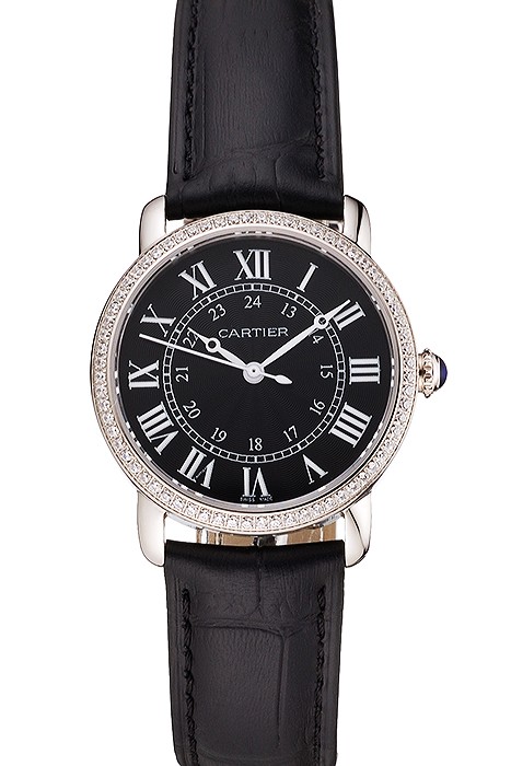 Cartier Ronde Black Dial Diamond Bezel Stainless Steel Case Black Leather Strap