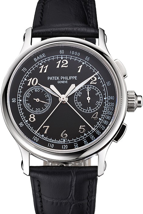 Swiss Patek Philippe Split Seconds Chronograph Black Dial Stainless Steel Case Black Leather Strap
